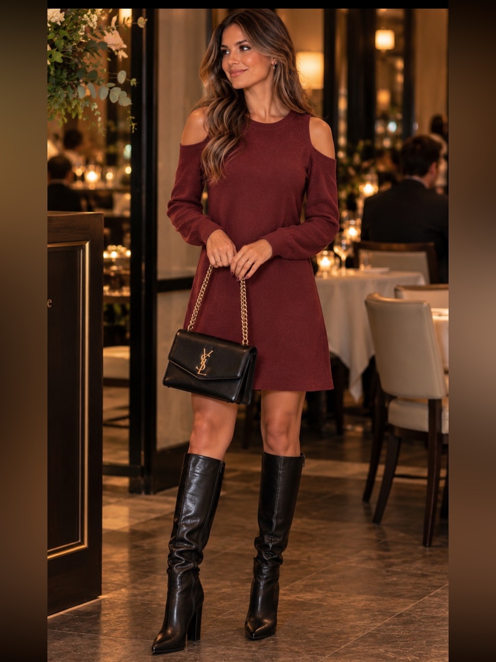 Garage Wine Color Cold-Shoulder Long-Sleeve Sweater Mini Dress